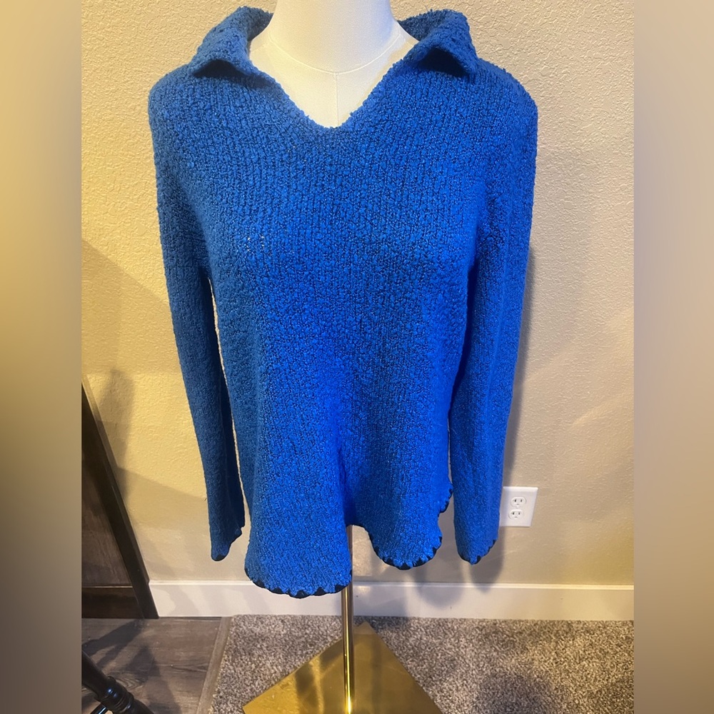 Textured Electric Blue V-Neck Collared Sweater